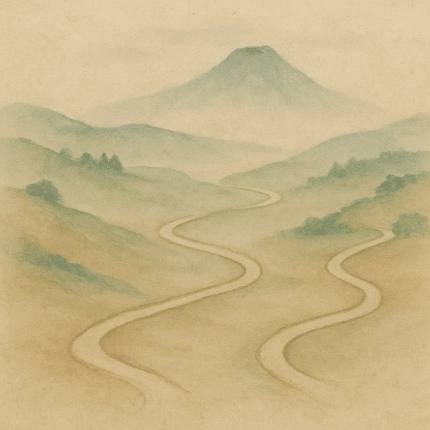 Illustrazione simbolica di quattro sentieri che si incontrano in un paesaggio montano, evocando le scuole di Reiki in Occidente e il loro riferimento comune alla tradizione di Usui.