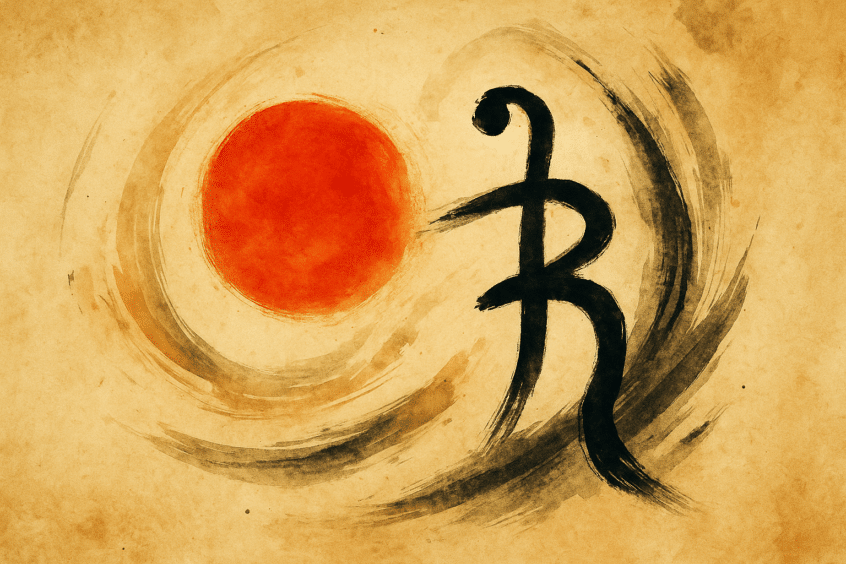 Dipinto astratto ispirato alla calligrafia orientale con cerchio rosso e tratti neri su sfondo beige, evocante energia, movimento e spiritualità.