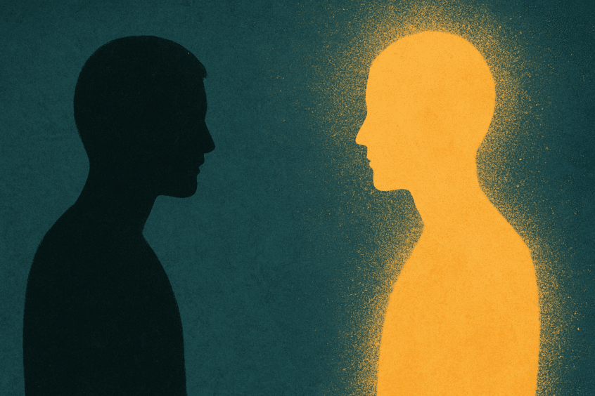 Illustrazione concettuale con due figure umane stilizzate: una scura, l’altra dorata e luminosa, che si fronteggiano su fondo blu intenso.
